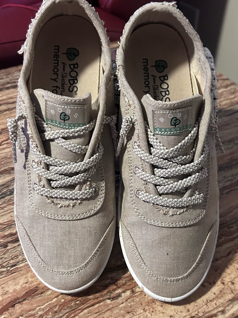 BOBS from Skechers Frayed Canvas Memory Foam Sneakers Taupe Tan Sz  7